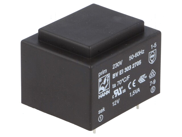 Transformator: ingegoten; 1,5VA; 230VAC; 12V; 125mA; PCB; BVEI Transformator: ingegoten; 1,5VA; 230VAC; 12V; 125mA; PCB; BVEI